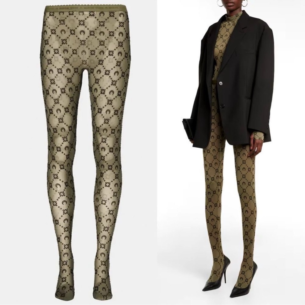 Marine Serre Green Moonogram Flocked Mesh footed Tights